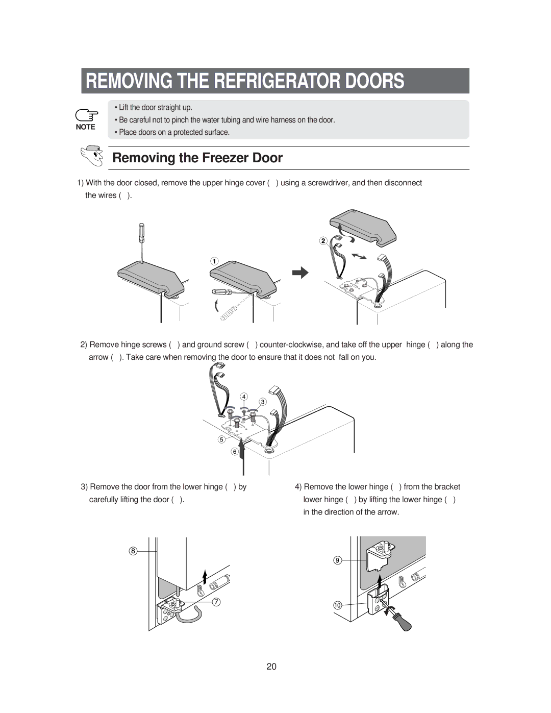 Samsung RS60KJSM1/XEH, RS60FJSM1/BUL, RS60FJSM1/XEH manual Removing the Refrigerator Doors, Removing the Freezer Door 