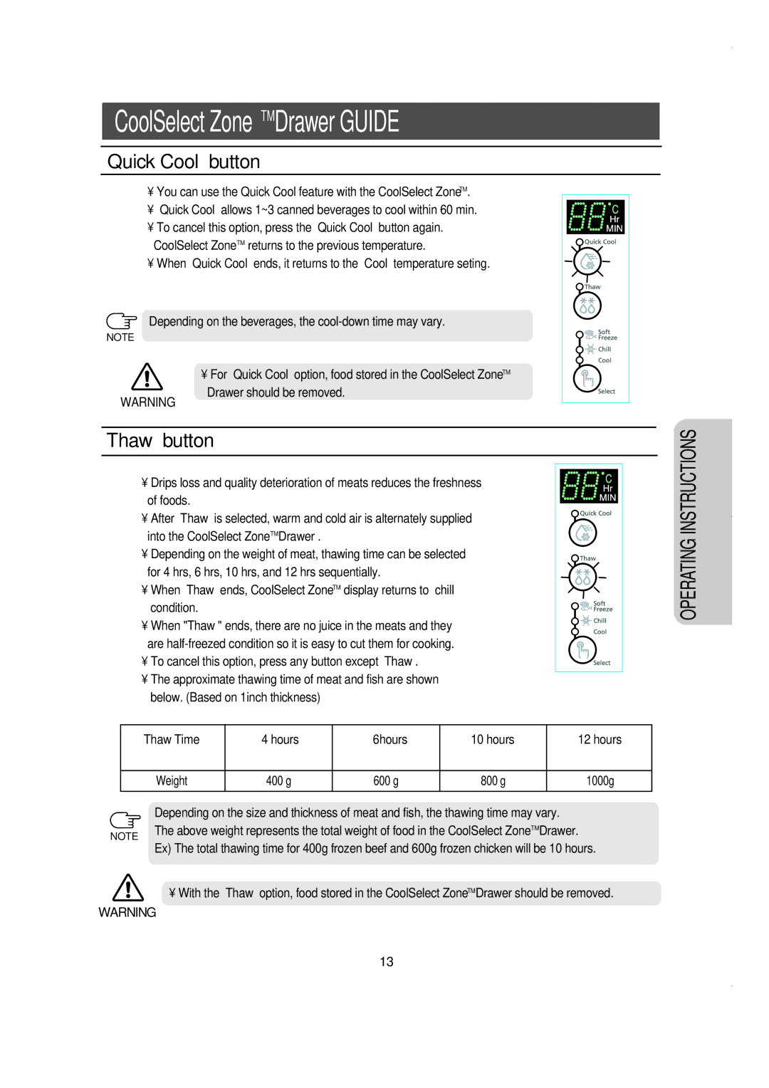 Samsung RS60FJSM1/BUL manual Quick Cool button, Thaw button 