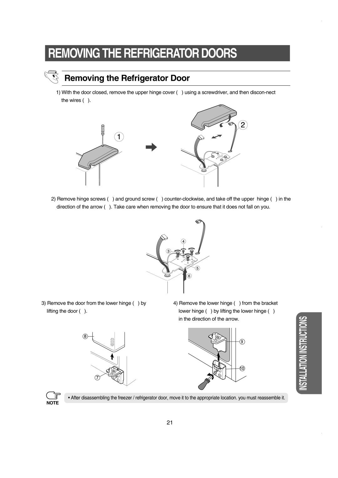 Samsung RS60FJSM1/BUL manual Removing the Refrigerator Door 