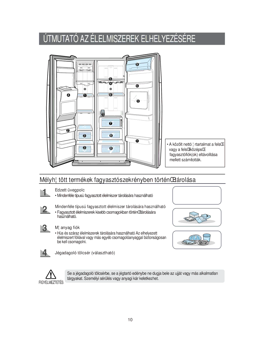 Samsung RS60FJSM1/XEH manual Mélyhtött termékek fagyasztószekrényben történŒ tárolása, Edzett üvegpolc, Manyag fiók 