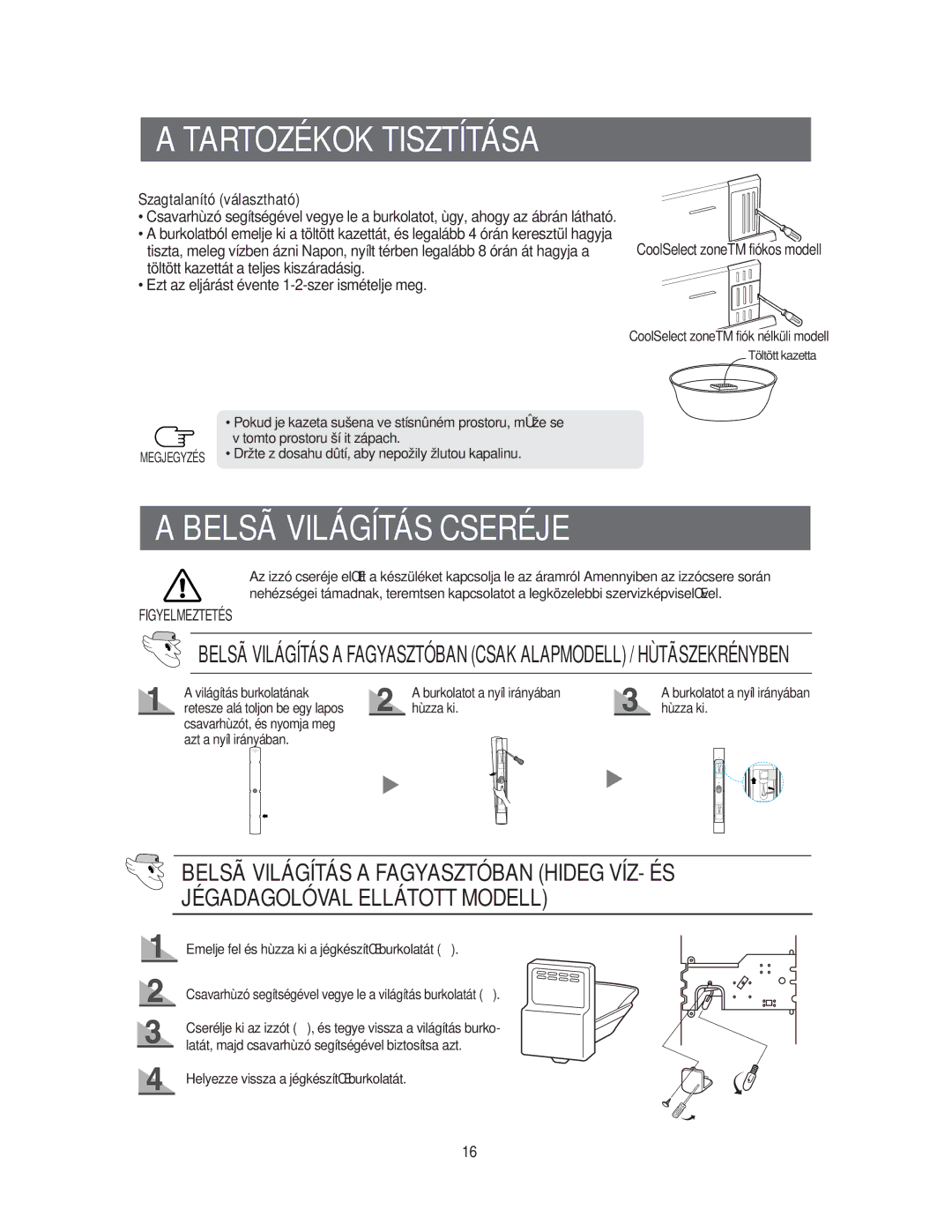 Samsung RS60KJSM1/XEH manual Belsã Világítás Cseréje, Szagtalanító választható, Burkolatot a nyíl irányában hùzza ki 