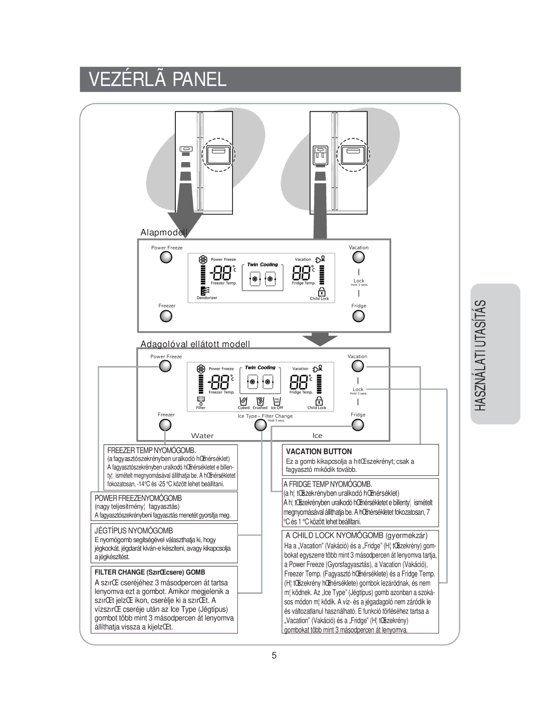 Samsung RS60FJSM1/XEH manual Vezérlã Panel, Alapmodell Adagolóval ellátott modell, HtŒszekrényben uralkodó hŒmérséklet 