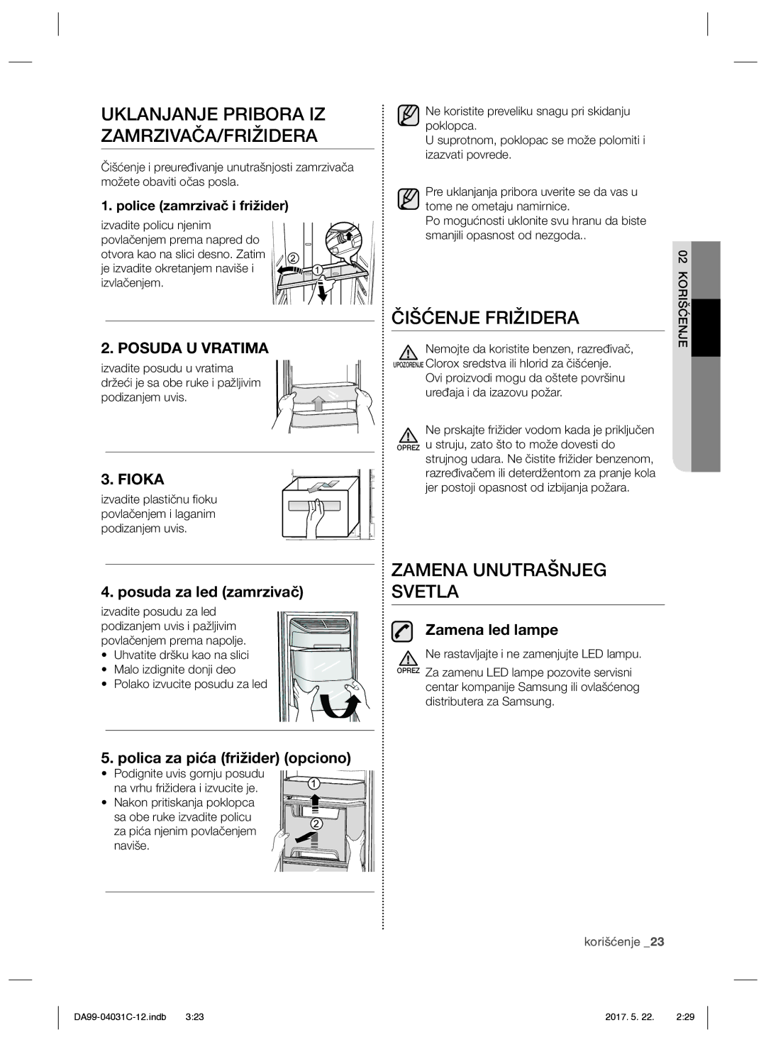 Samsung RS61681GDSL/UR manual Uklanjanje Pribora IZ ZAMRZIVAČA/FRIŽIDERA, Čišćenje Frižidera, Zamena Unutrašnjeg Svetla 