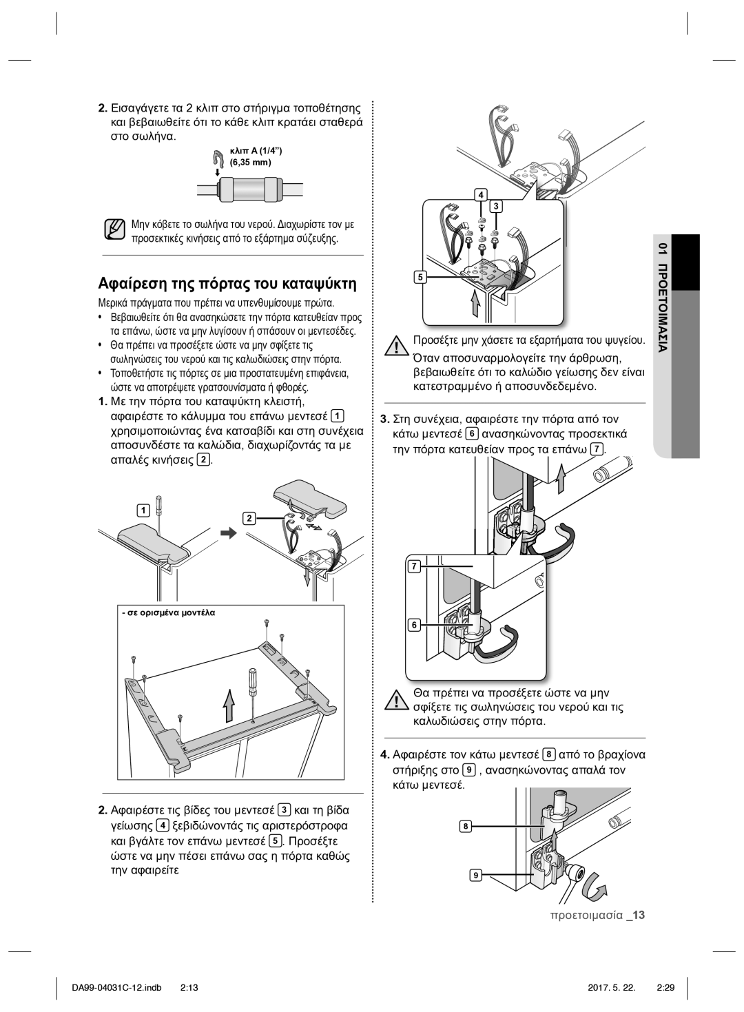 Samsung RS61681GDSL/UR, RS61781GDSL/UR manual Αφαίρεση της πόρτας του καταψύκτη, Κλιπ a 1/4 6,35 mm 