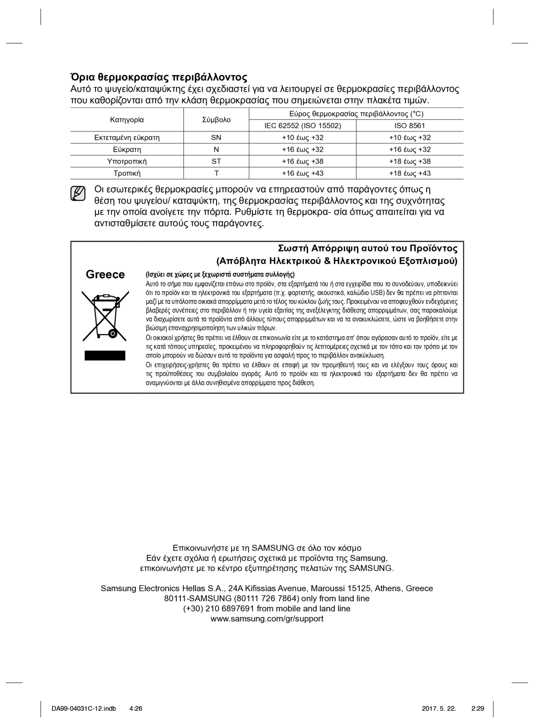 Samsung RS61781GDSL/UR, RS61681GDSL/UR manual Όρια θερμοκρασίας περιβάλλοντος, Greece 