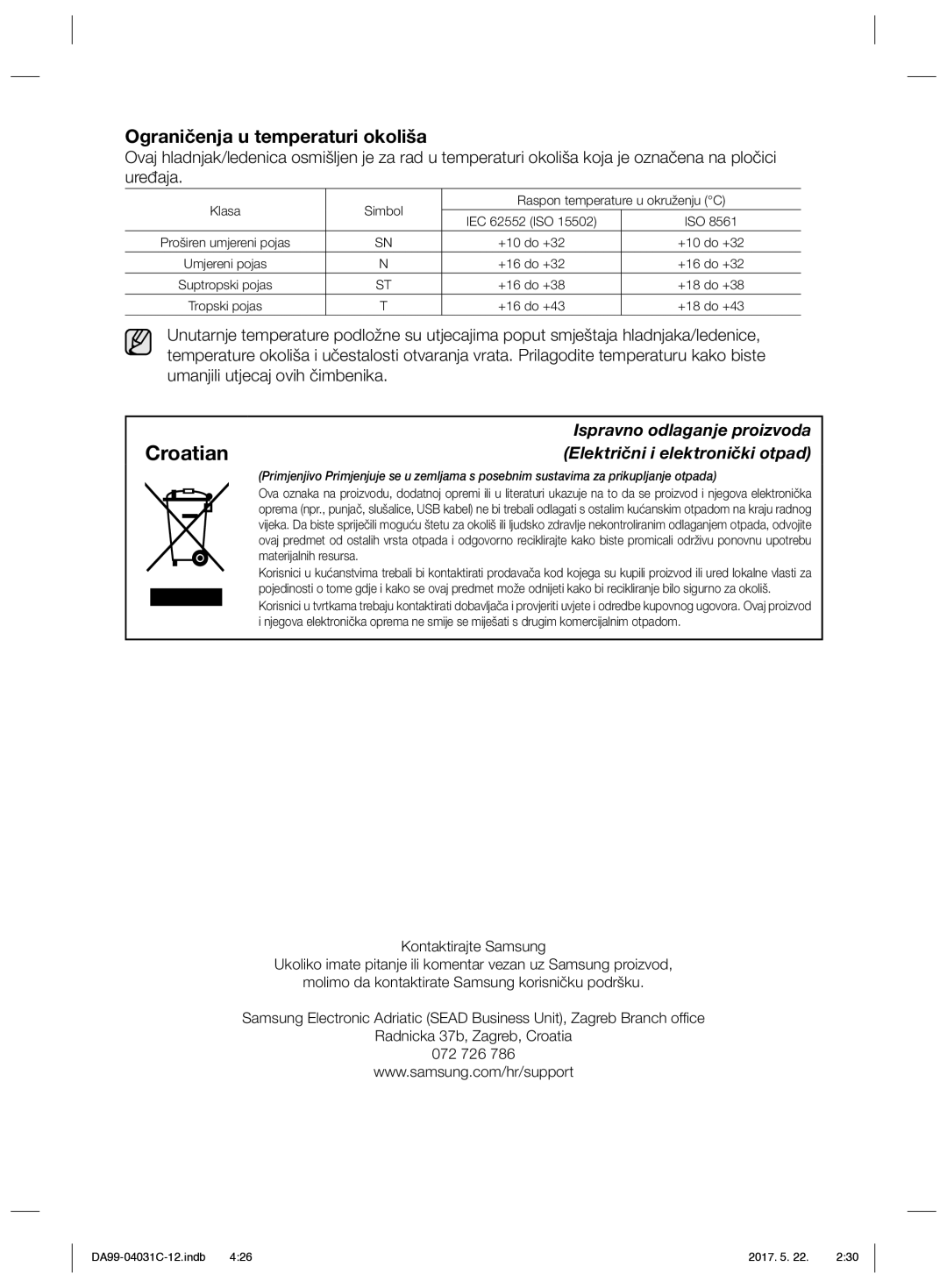 Samsung RS61781GDSL/UR, RS61681GDSL/UR manual Croatian, Ograničenja u temperaturi okoliša 