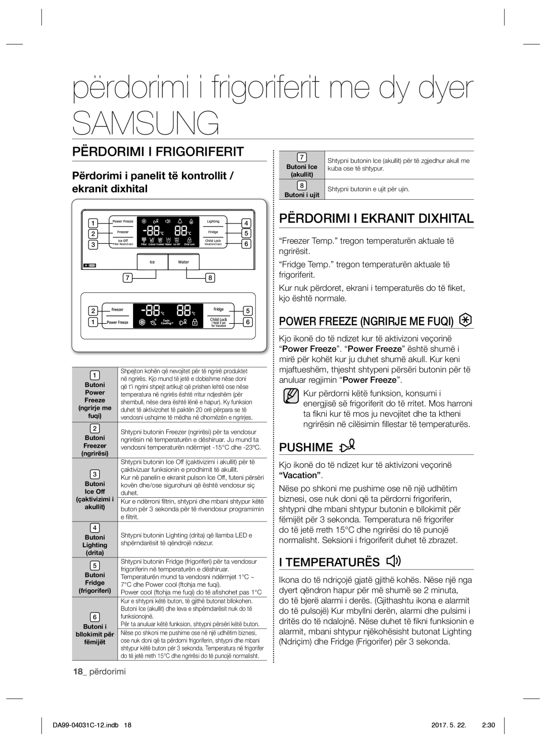 Samsung RS61781GDSL/UR manual Përdorimi i frigoriferit me dy dyer, Përdorimi I Frigoriferit, Përdorimi I Ekranit Dixhital 