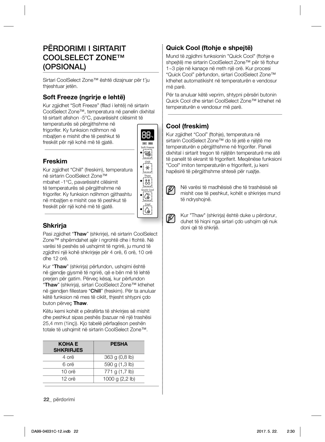 Samsung RS61781GDSL/UR, RS61681GDSL/UR manual Përdorimi I Sirtarit Coolselect Zone Opsional 