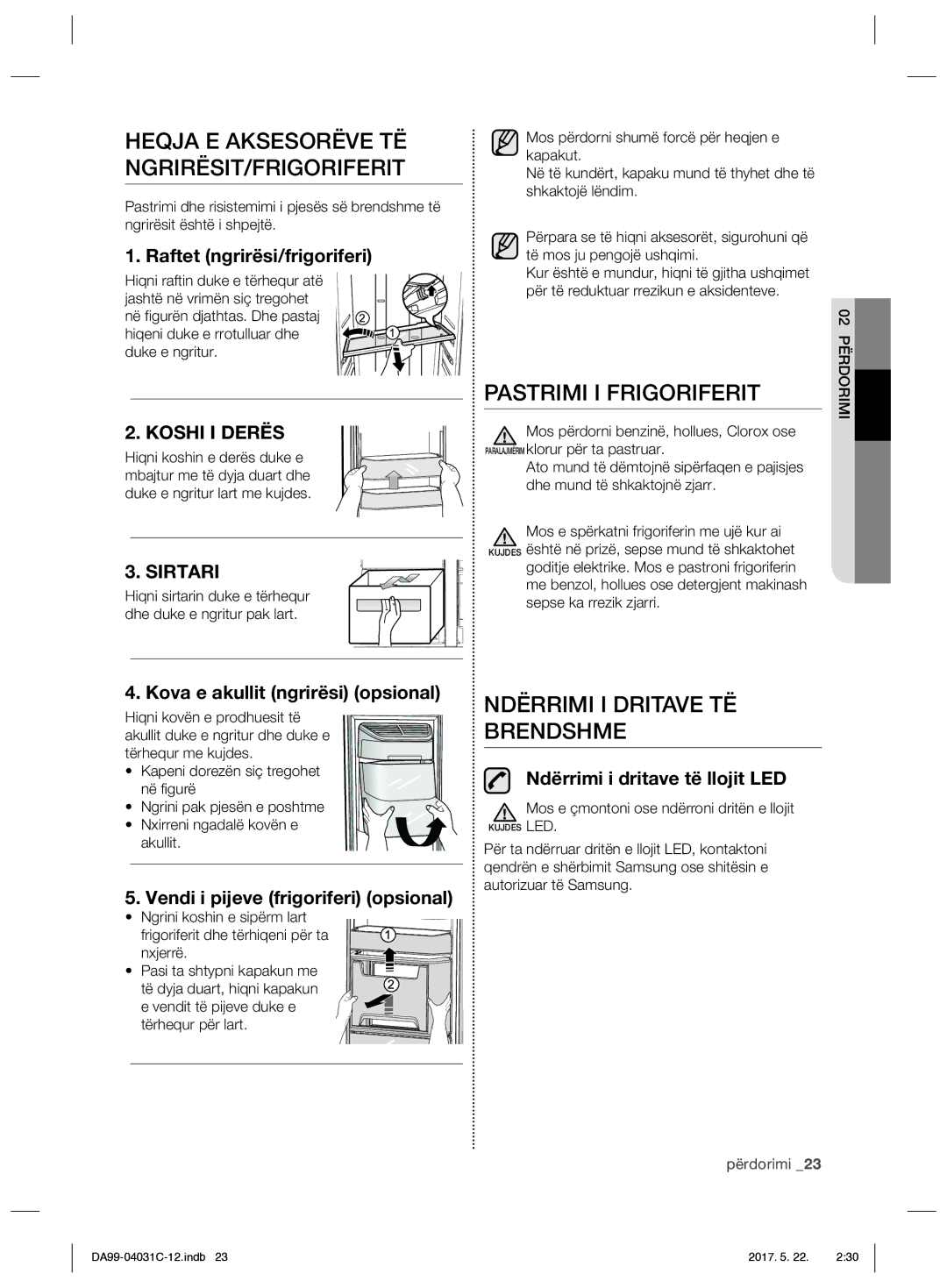 Samsung RS61681GDSL/UR, RS61781GDSL/UR manual Pastrimi I Frigoriferit, Ndërrimi I Dritave TË Brendshme 