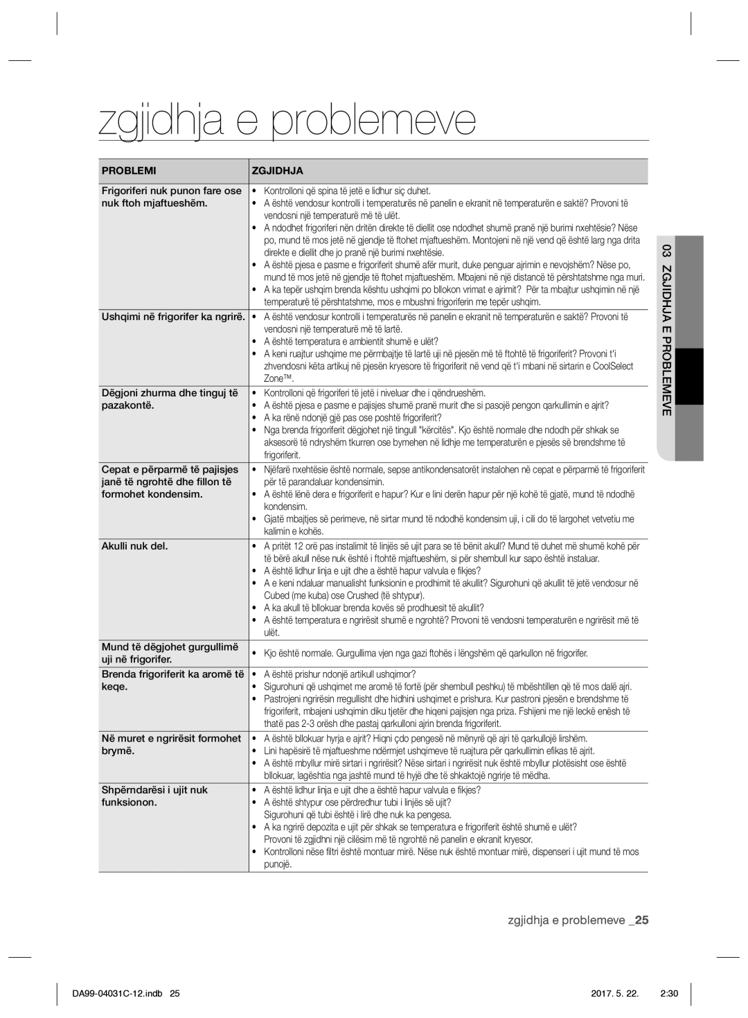 Samsung RS61681GDSL/UR, RS61781GDSL/UR manual Zgjidhja e problemeve, Zgjidhja E Problemeve 