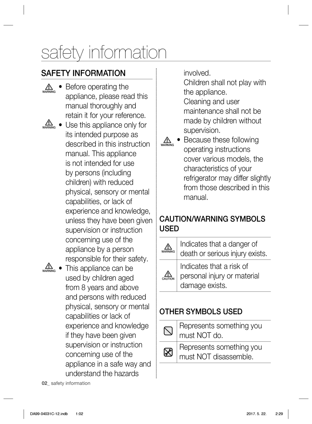 Samsung RS61781GDSL/UR, RS61681GDSL/UR manual Safety information, Safety Information 