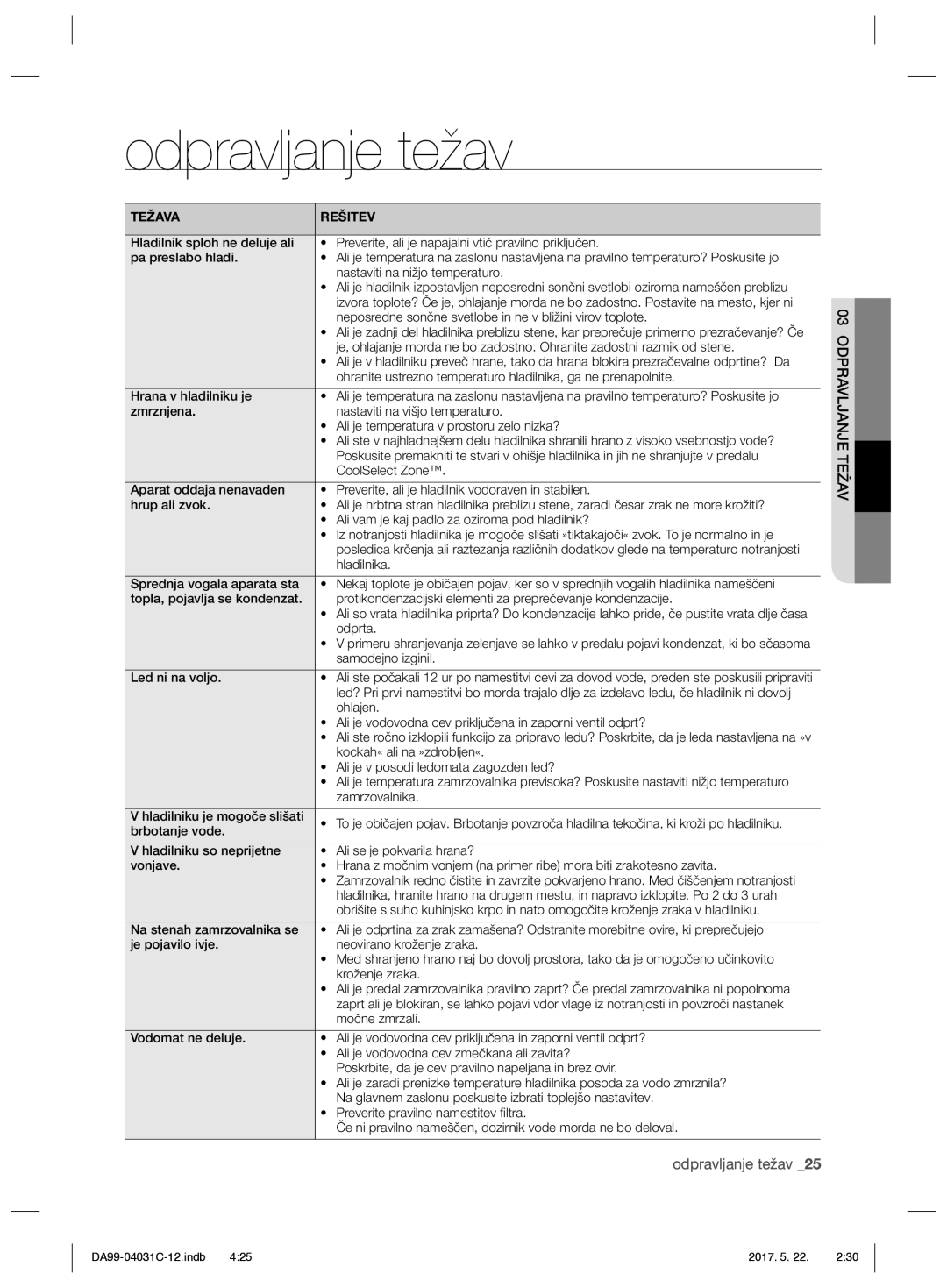 Samsung RS61681GDSL/UR, RS61781GDSL/UR manual Odpravljanje težav, Odpravljanje Težav 