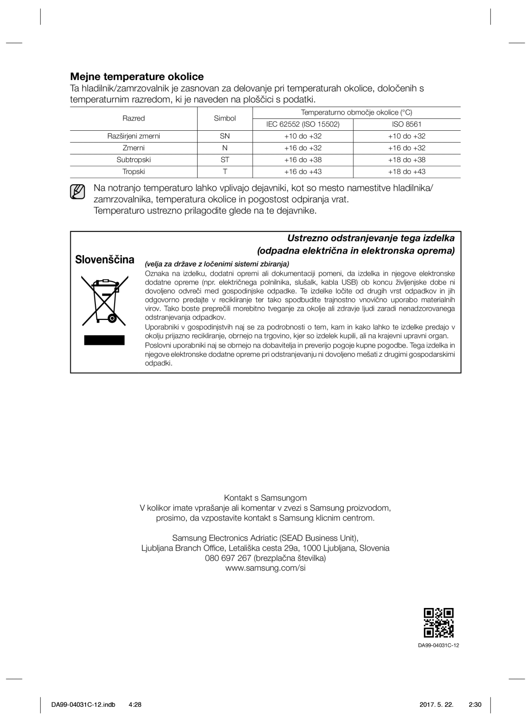 Samsung RS61781GDSL/UR, RS61681GDSL/UR manual Mejne temperature okolice 