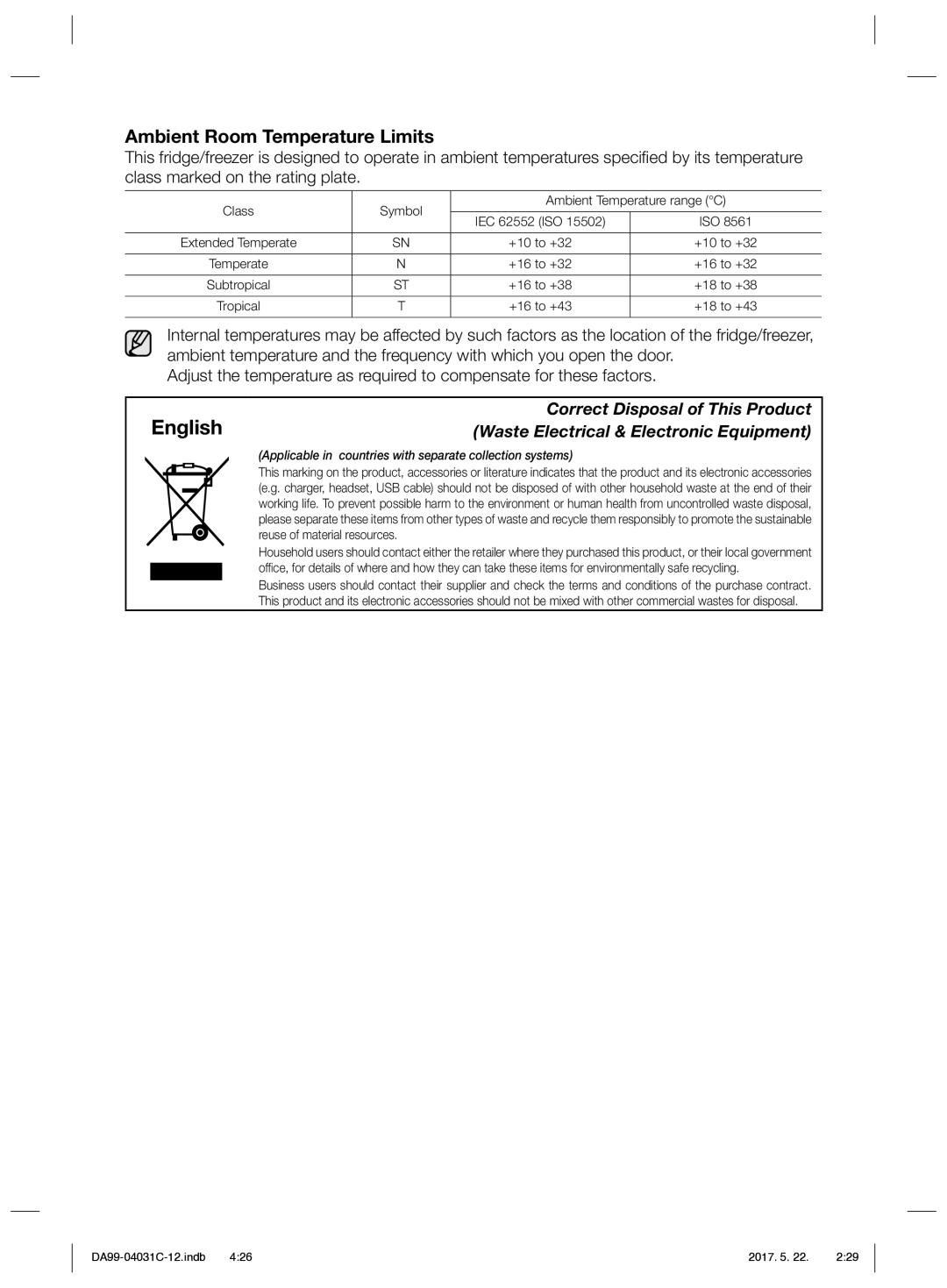 Samsung RS61781GDSL/UR, RS61681GDSL/UR manual English, Ambient Room Temperature Limits 