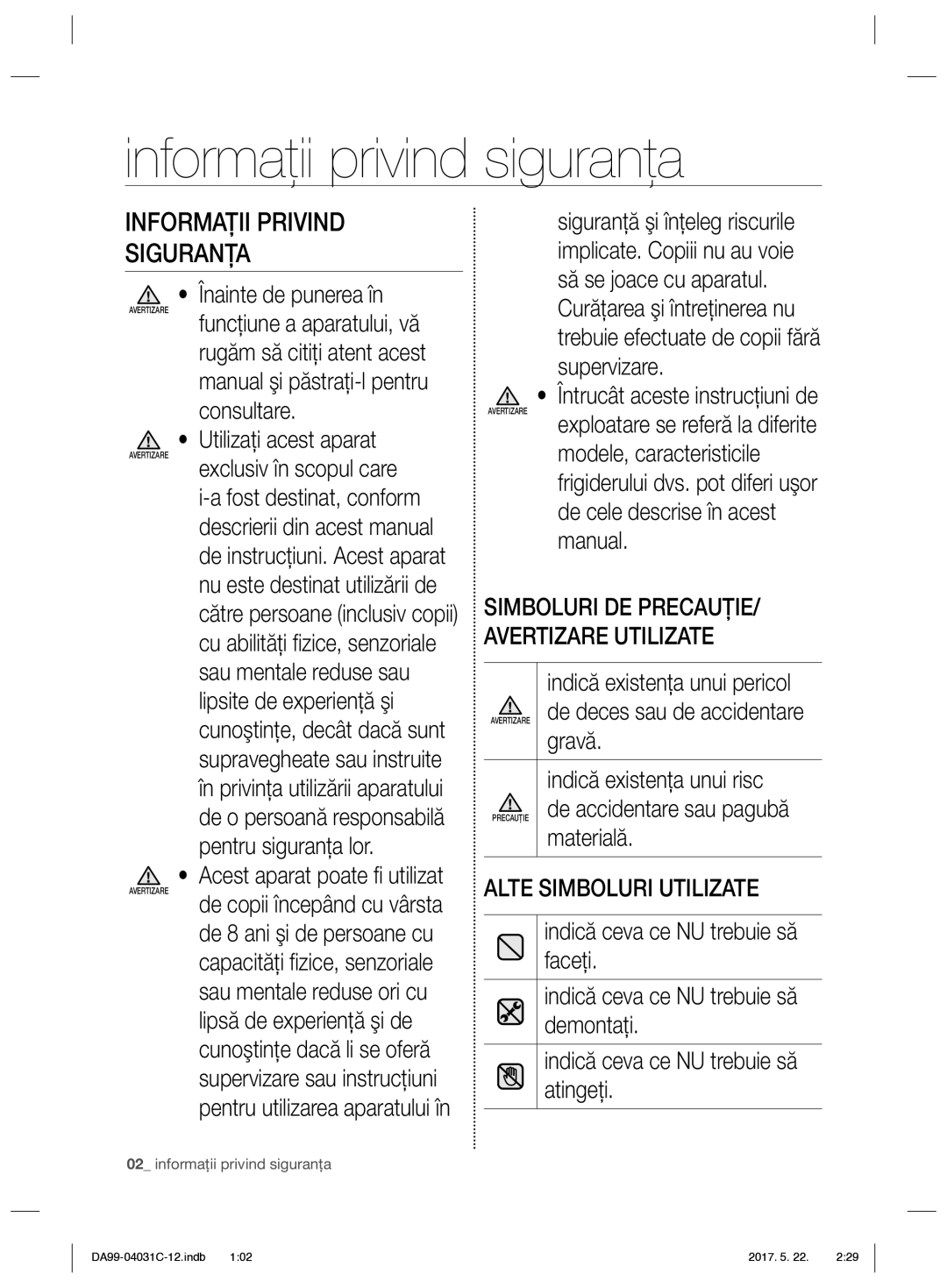 Samsung RS61781GDSL/UR, RS61681GDSL/UR manual Informaţii privind siguranţa, Informaţii Privind Siguranţa 