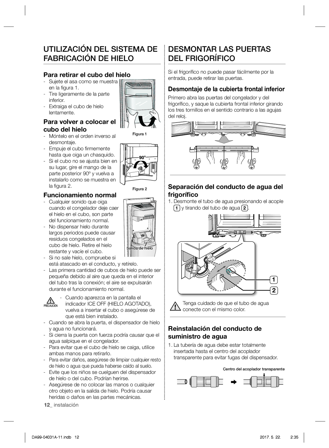 Samsung RS61781GDSR/EF manual Utilización DEL Sistema DE Fabricación DE Hielo, Desmontar LAS Puertas DEL Frigorífico 