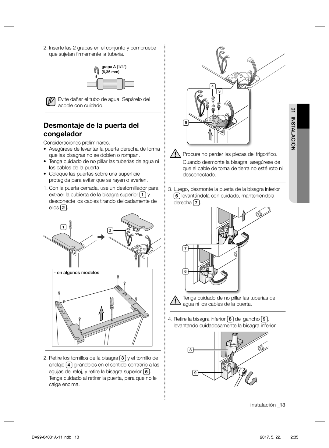 Samsung RS61681GDSL/ES, RS61781GDSR/EF, RS61781GDSR/ES manual Evite dañar el tubo de agua. Sepárelo del acople con cuidado 