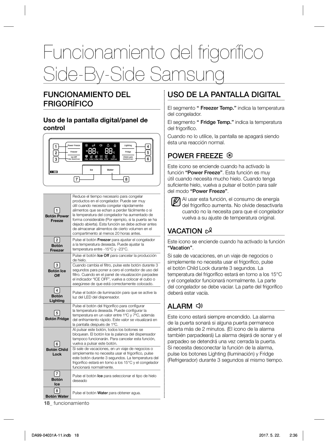 Samsung RS61781GDSR/ES, RS61781GDSR/EF, RS61681GDSL/ES manual Funcionamiento DEL Frigorífico, USO DE LA Pantalla Digital 