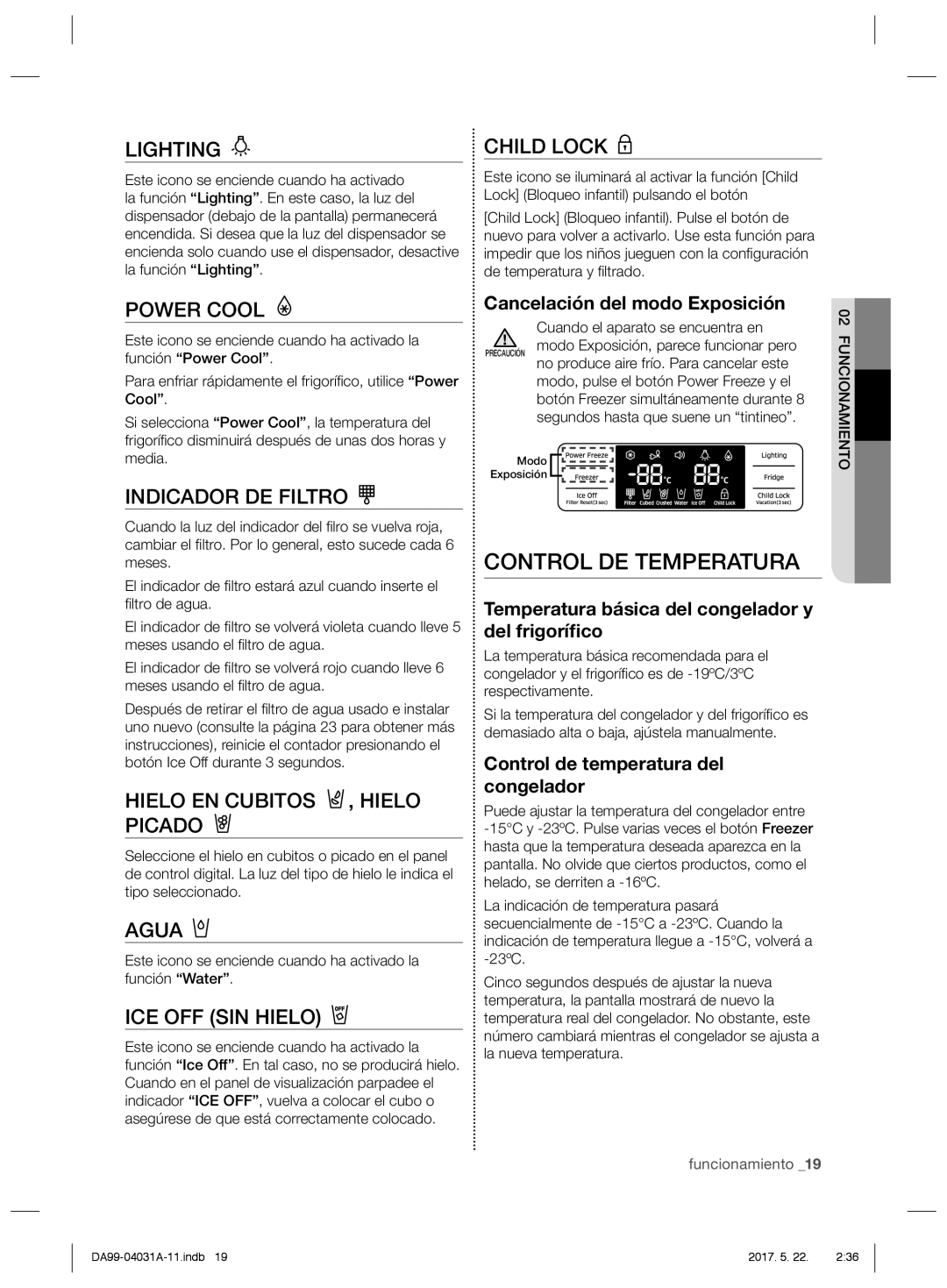 Samsung RS61681GDSR/ES Control DE Temperatura, Cancelación del modo Exposición, Control de temperatura del congelador 