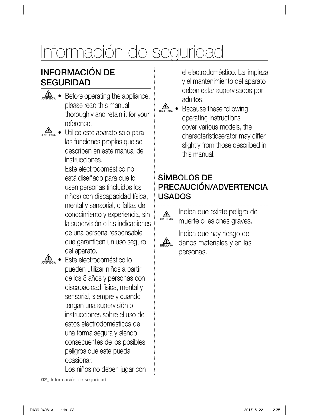 Samsung RS61781GDSR/ES, RS61781GDSR/EF, RS61681GDSL/ES, RS61681GDSR/ES Información de seguridad, Información DE Seguridad 