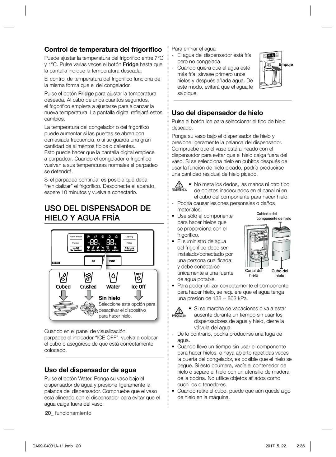 Samsung RS61781GDSR/EF, RS61681GDSL/ES USO DEL Dispensador DE Hielo Y Agua Fría, Control de temperatura del frigoríﬁco 