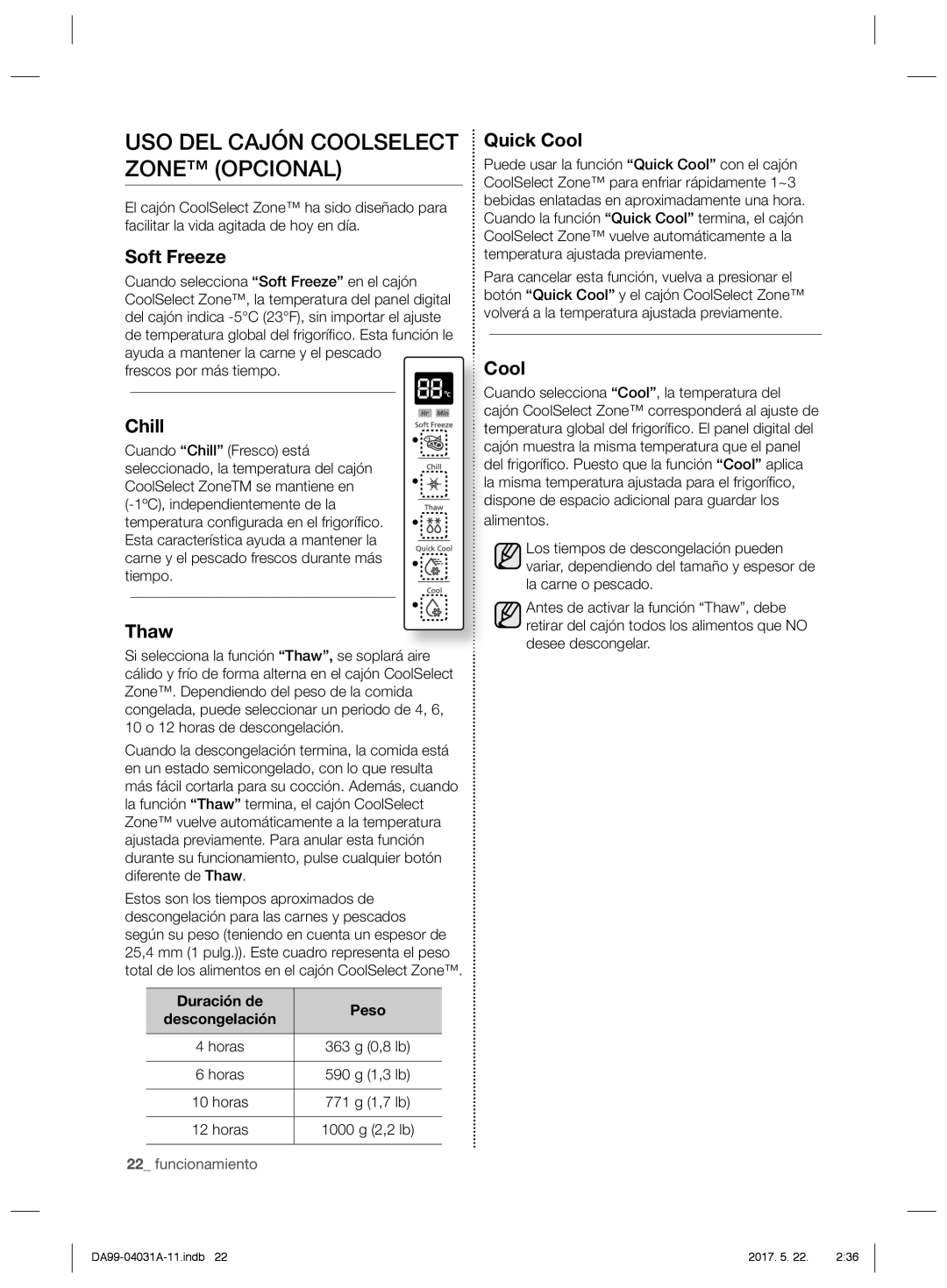 Samsung RS61781GDSR/ES, RS61781GDSR/EF, RS61681GDSL/ES, RS61681GDSR/ES manual USO DEL Cajón Coolselect Zone Opcional 