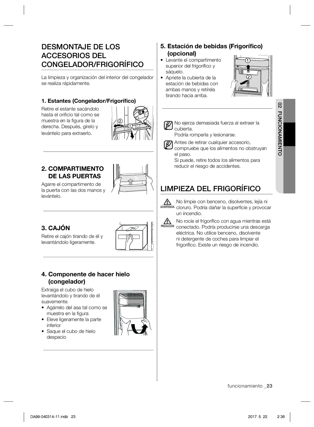 Samsung RS61681GDSR/ES, RS61781GDSR/EF Desmontaje DE LOS Accesorios DEL CONGELADOR/FRIGORÍFICO, Limpieza DEL Frigorífico 