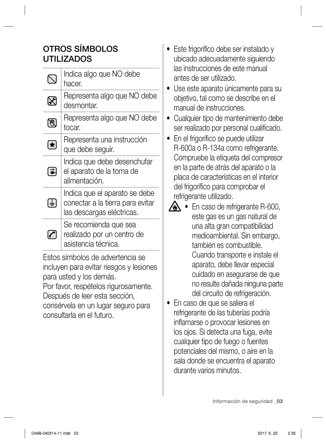 Samsung RS61681GDSR/ES, RS61781GDSR/EF, RS61681GDSL/ES, RS61781GDSR/ES manual Otros Símbolos Utilizados 