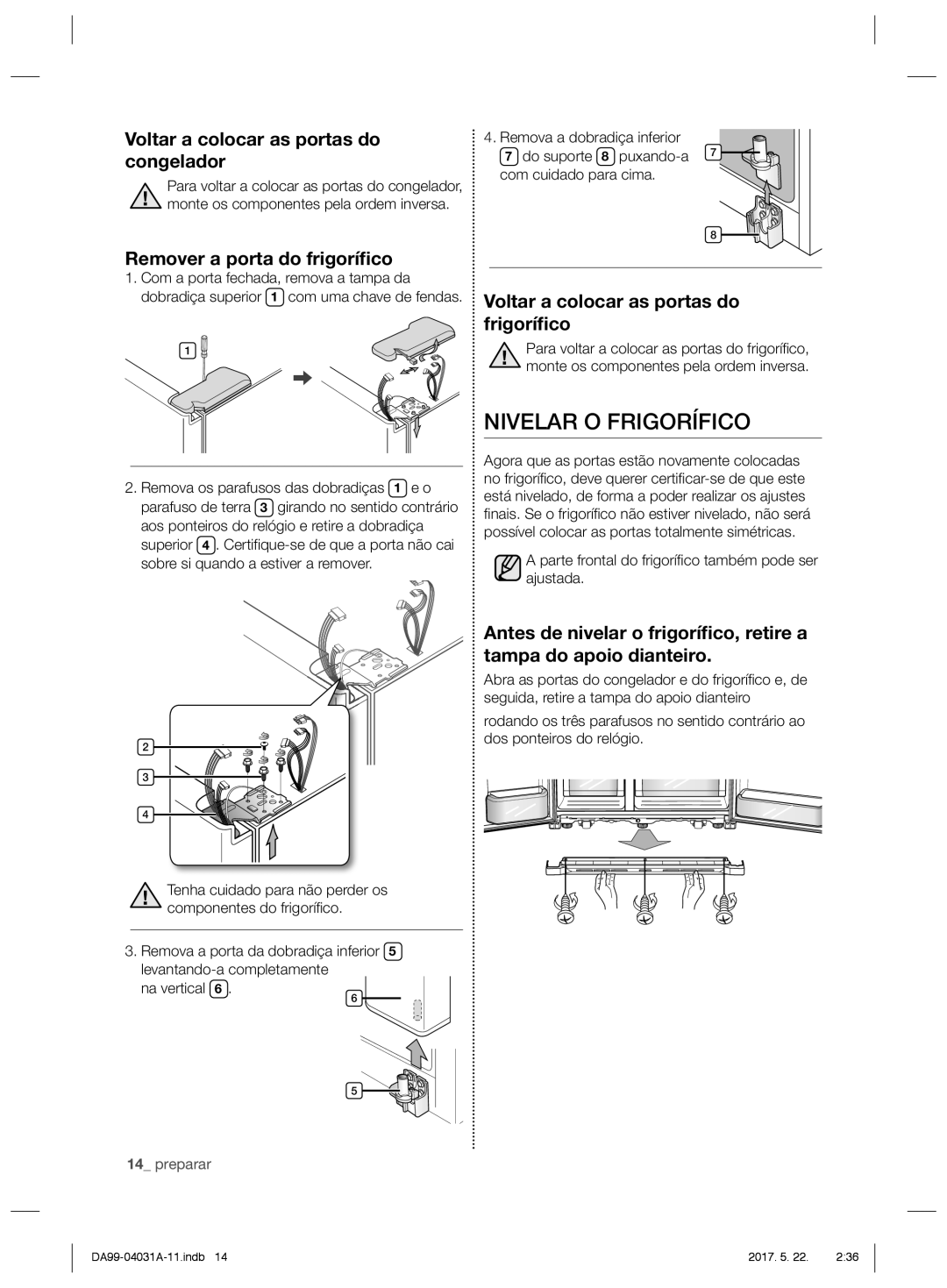 Samsung RS61781GDSR/EF Nivelar O Frigorífico, Voltar a colocar as portas do congelador, Remover a porta do frigoríﬁco 