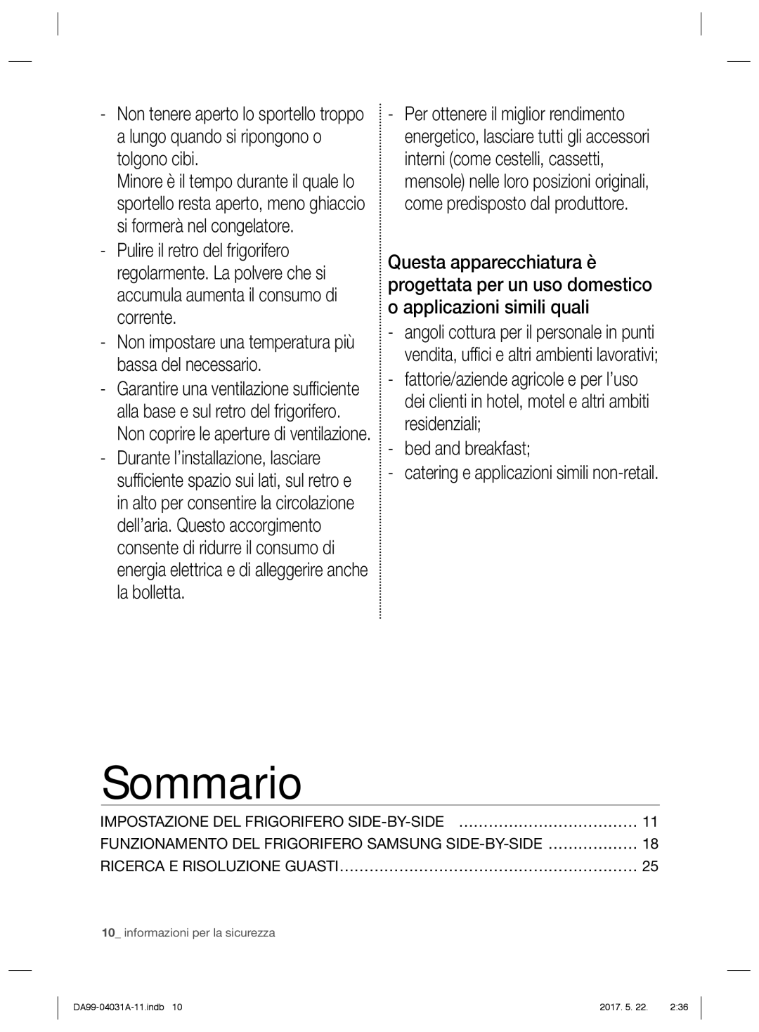 Samsung RS61781GDSR/ES, RS61781GDSR/EF manual Sommario, Bed and breakfast Catering e applicazioni simili non-retail 