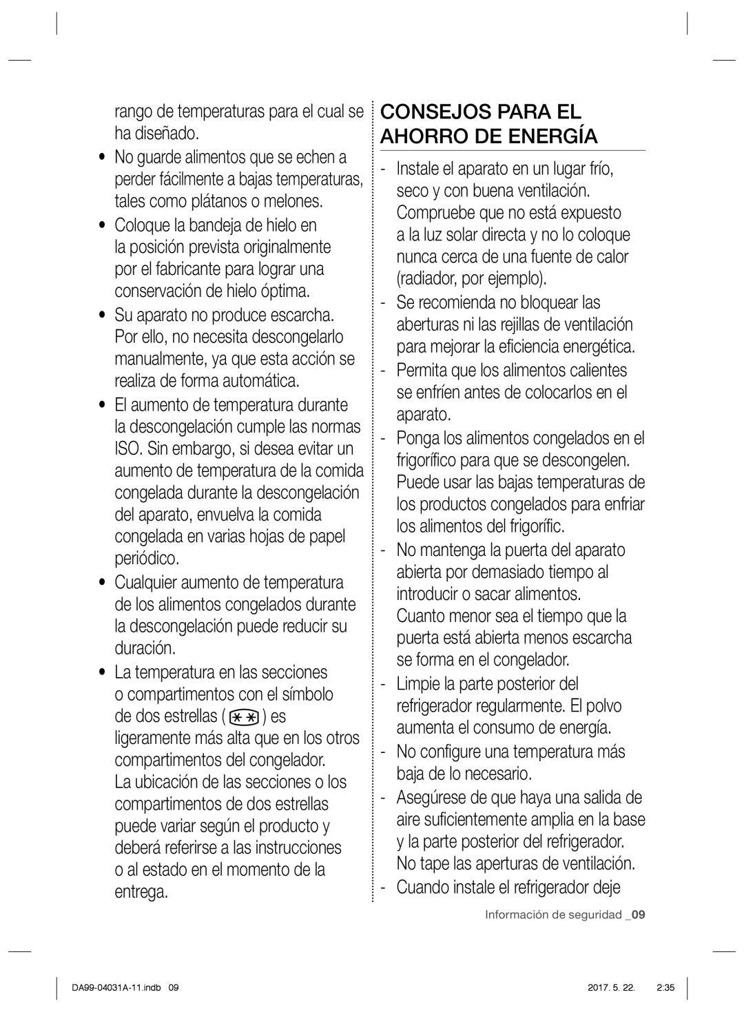 Samsung RS61681GDSL/ES manual Consejos Para EL Ahorro DE Energía, Rango de temperaturas para el cual se ha diseñado 