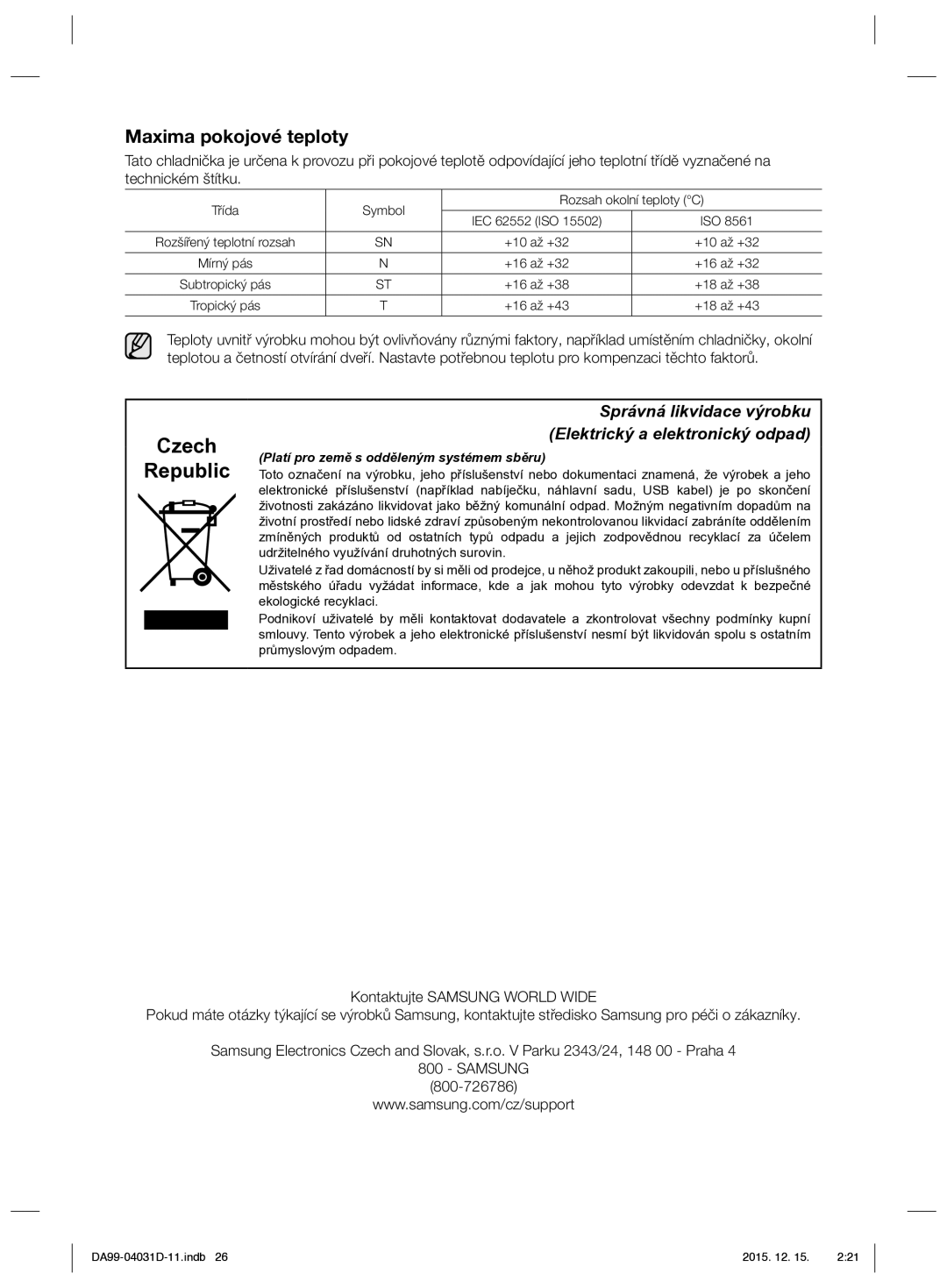 Samsung RS61781GDSR/EO manual Maxima pokojové teploty, Samsung, 800-726786 