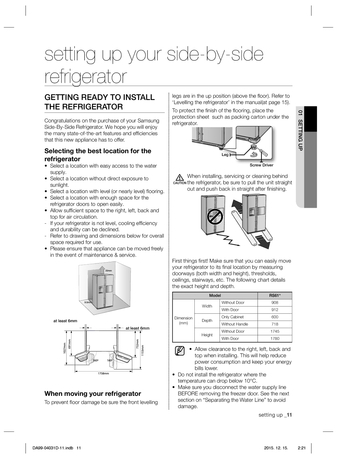 Samsung RS61781GDSR/EO Setting up your side-by-side refrigerator, Getting Ready to Install the Refrigerator, Setting UP 