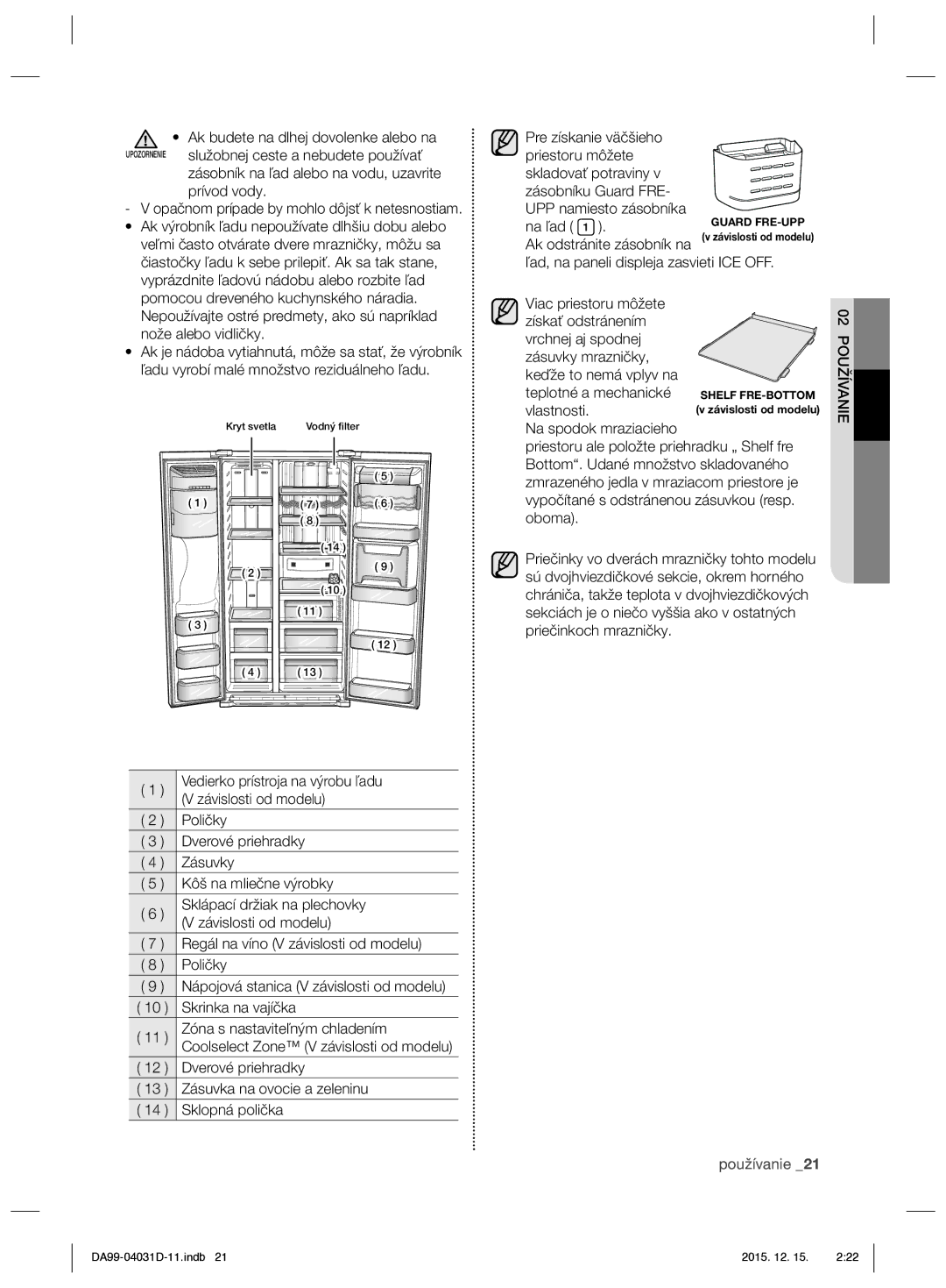 Samsung RS61781GDSR/EO manual Služobnej ceste a nebudete používať, Prívod vody, Vlastnosti 