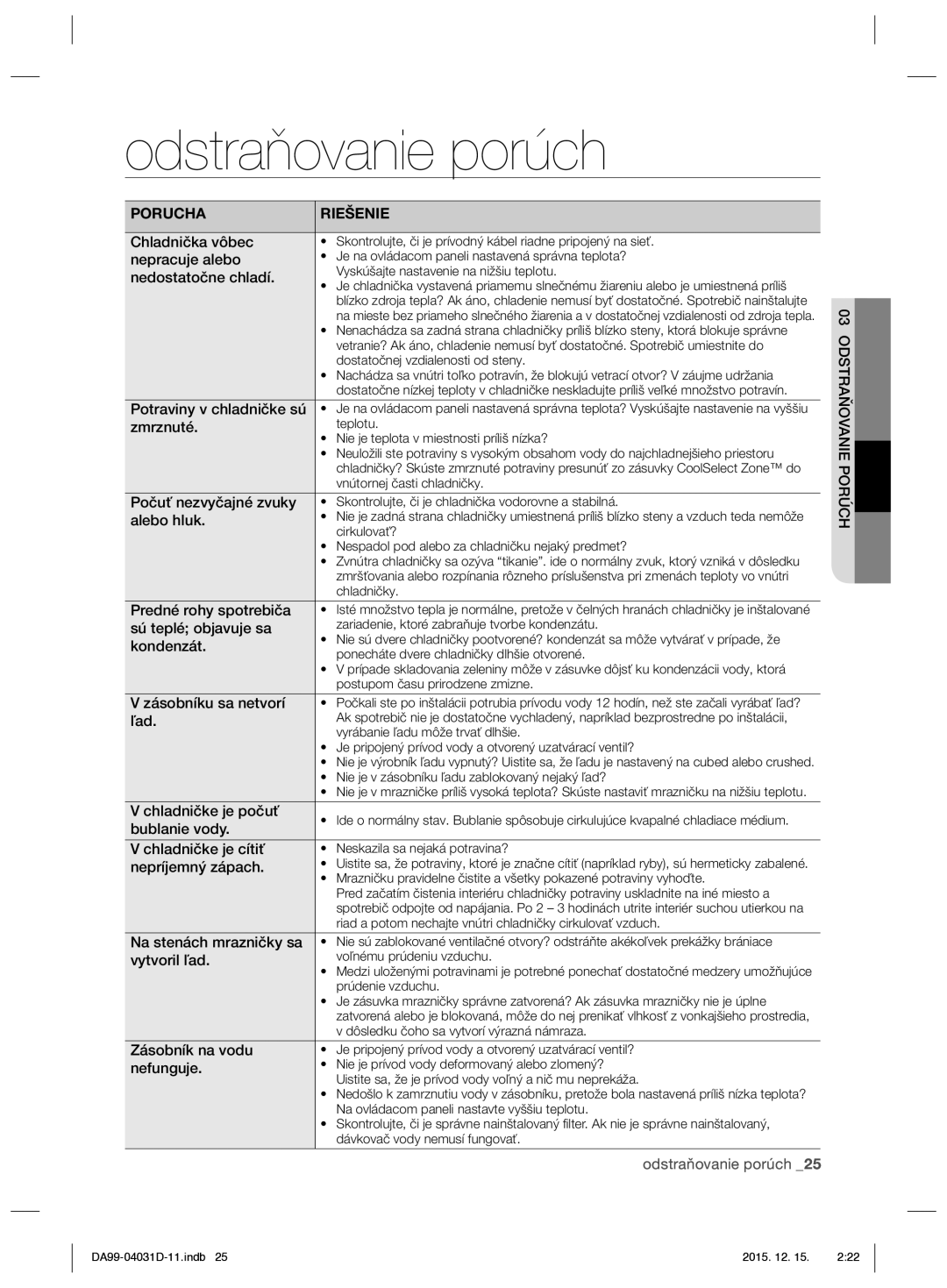 Samsung RS61781GDSR/EO manual Odstraňovanie porúch, Odstraňovanie Porúch 