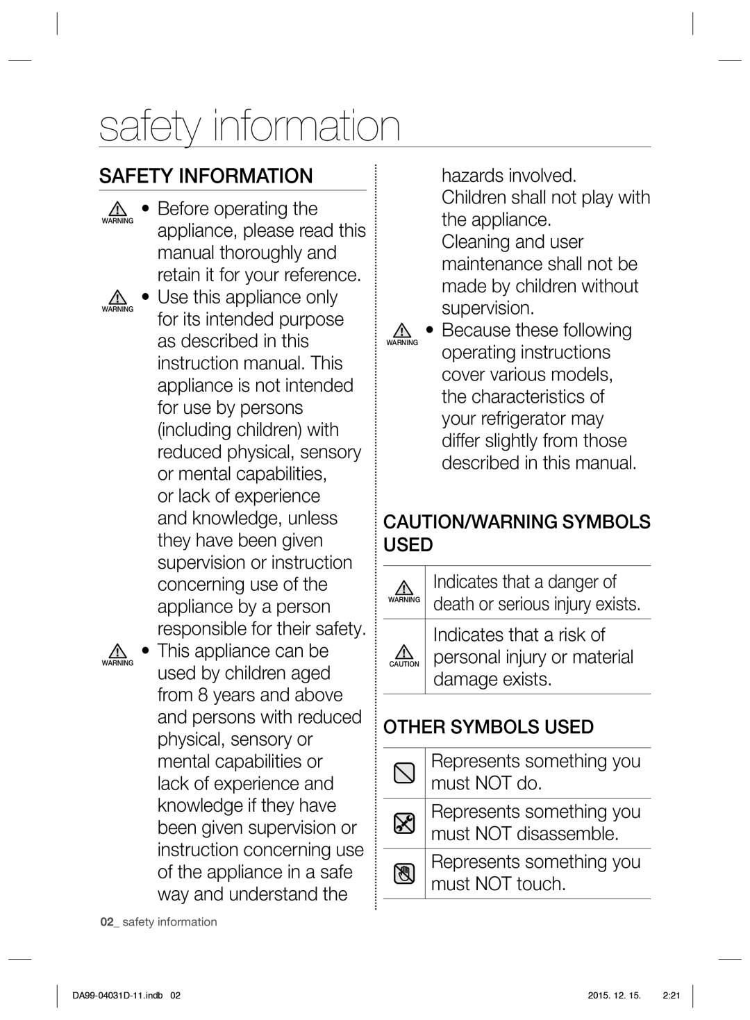 Samsung RS61781GDSR/EO manual Safety information, Safety Information 