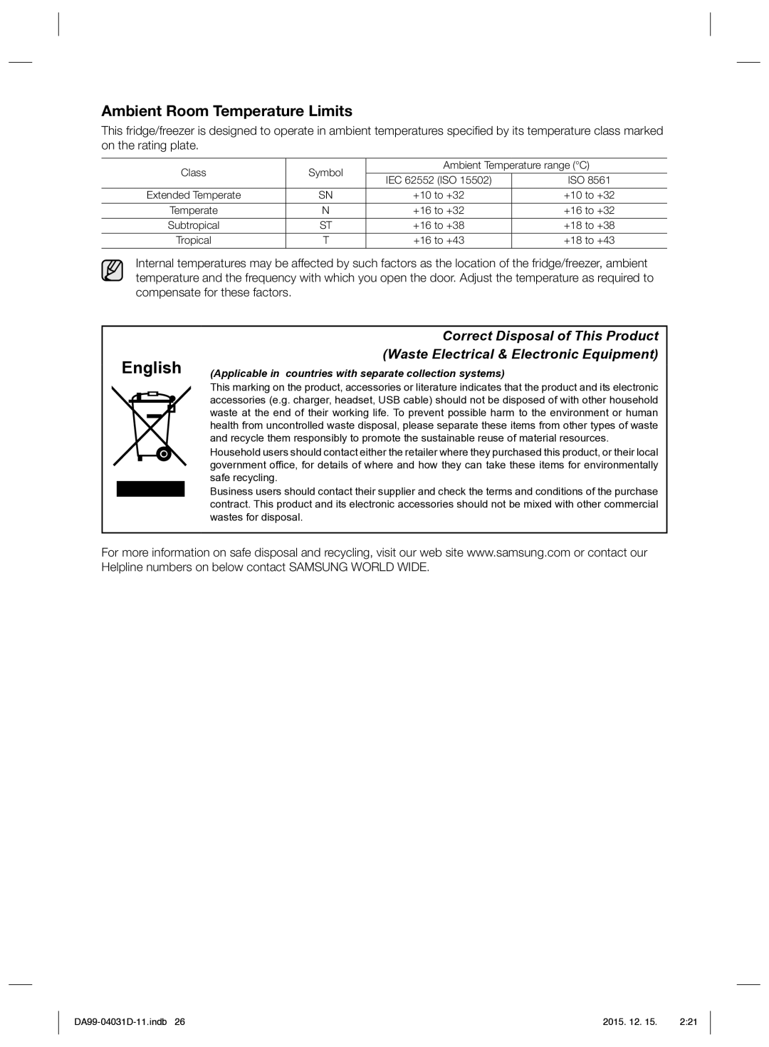 Samsung RS61781GDSR/EO manual English, Ambient Room Temperature Limits 