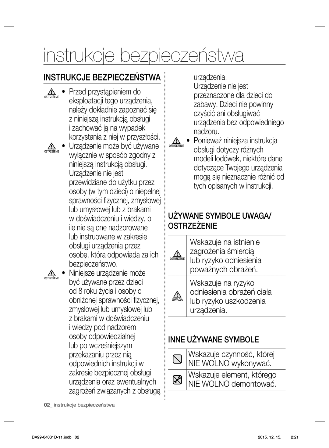 Samsung RS61781GDSR/EO manual Instrukcje bezpieczeństwa 