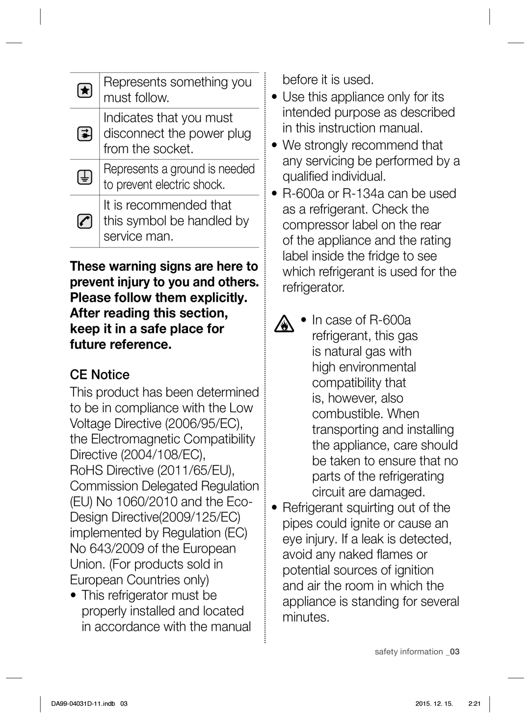 Samsung RS61781GDSR/EO manual It is recommended that this symbol be handled by service man, CE Notice 