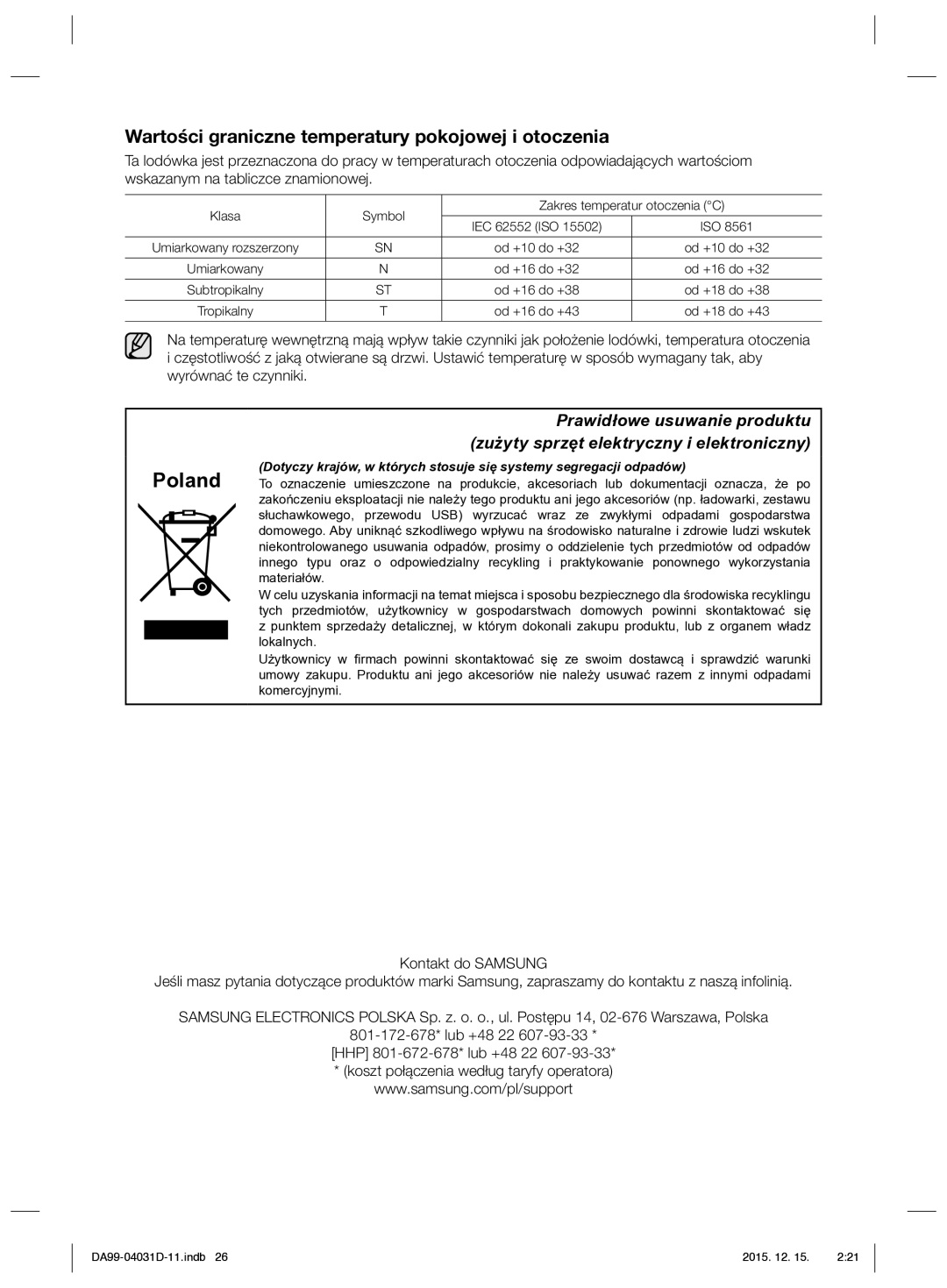 Samsung RS61781GDSR/EO manual Wartości graniczne temperatury pokojowej i otoczenia 