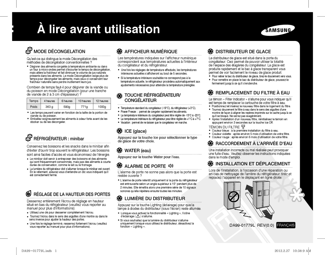 Samsung RS6178UGDSR/EF, RS61782GDSL/EG, RS61782GDSP/EF, RS61782GDSL/EF, RS61781GDSR/EF manual Lire avant utilisation 