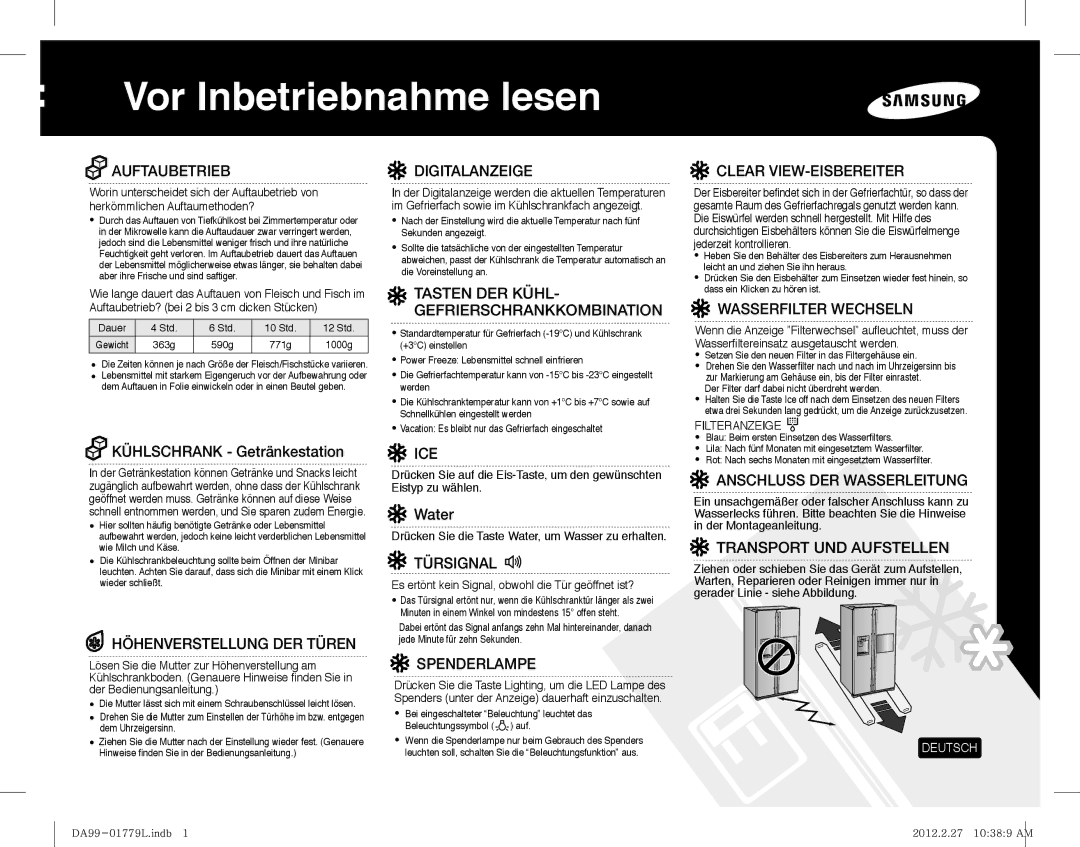 Samsung RS61782GDSL/EF, RS61782GDSL/EG, RS6178UGDSR/EF, RS61782GDSP/EF, RS61781GDSR/EF manual Vor Inbetriebnahme lesen 