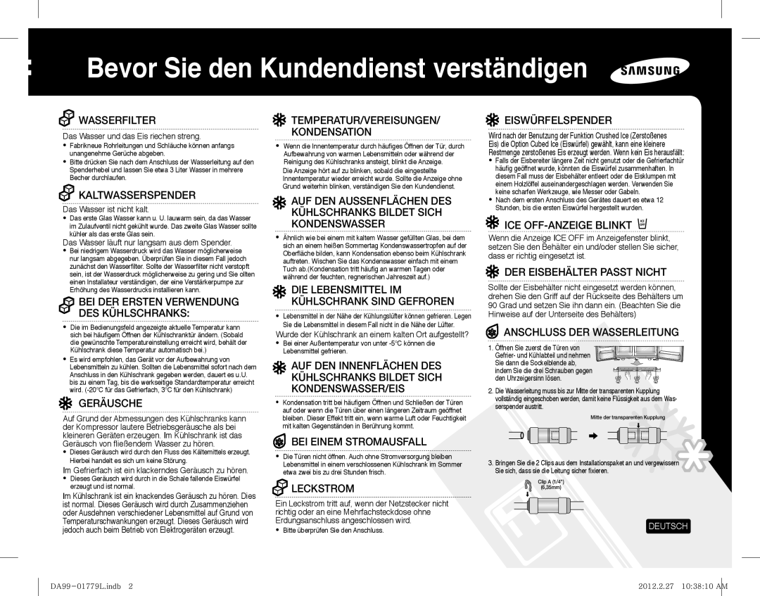 Samsung RS61781GDSR/EF, RS61782GDSL/EG, RS6178UGDSR/EF, RS61782GDSP/EF manual Bevor Sie den Kundendienst verständigen 