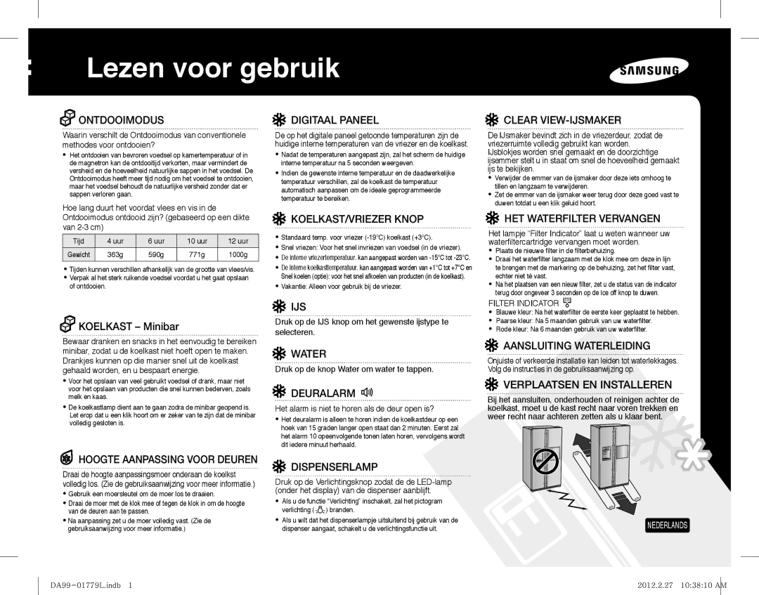 Samsung RS61782GDSL/EG, RS6178UGDSR/EF, RS61782GDSP/EF, RS61782GDSL/EF, RS61781GDSR/EF manual Lezen voor gebruik 