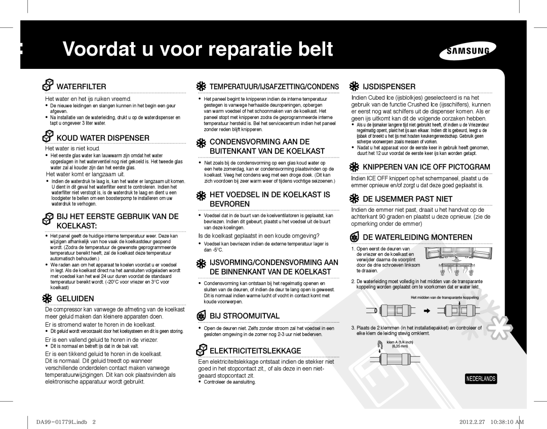 Samsung RS6178UGDSR/EF, RS61782GDSL/EG, RS61782GDSP/EF, RS61782GDSL/EF, RS61781GDSR/EF manual Voordat u voor reparatie belt 