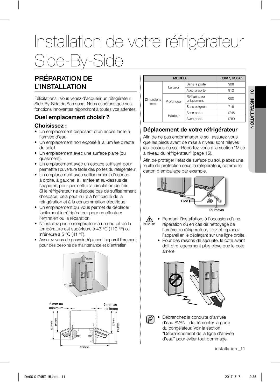 Samsung RS61782GDSP/EF, RS61782GDSL/EG manual Installation de votre réfrigérateur Side-By-Side, Préparation DE ’INSTALLATION 