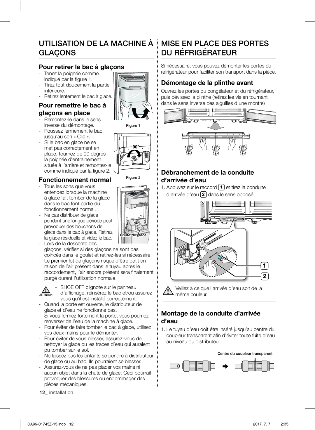 Samsung RS61782GDSL/EF, RS61782GDSL/EG manual Utilisation DE LA Machine À Glaçons, Mise EN Place DES Portes DU Réfrigérateur 