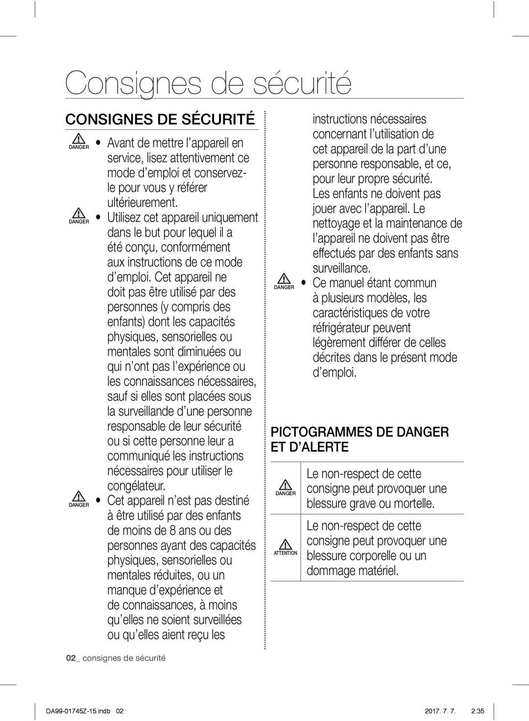 Samsung RS6A782GDSR/EG, RS61782GDSL/EG Consignes de sécurité, Consignes DE Sécurité, Pictogrammes DE Danger ET D’ALERTE 