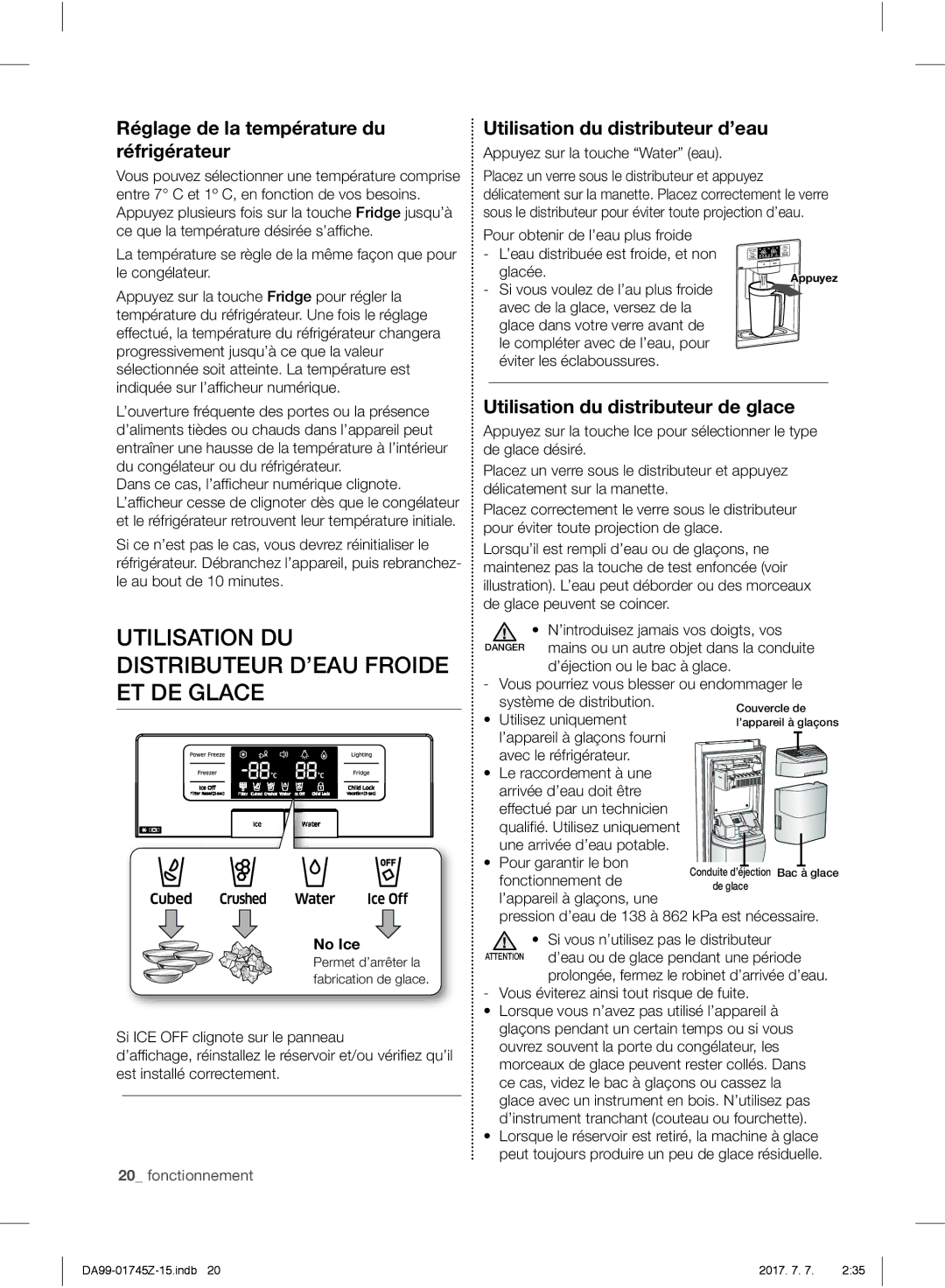 Samsung RS61781GDSR/EF Utilisation DU Distributeur D’EAU Froide ET DE Glace, Réglage de la température du réfrigérateur 