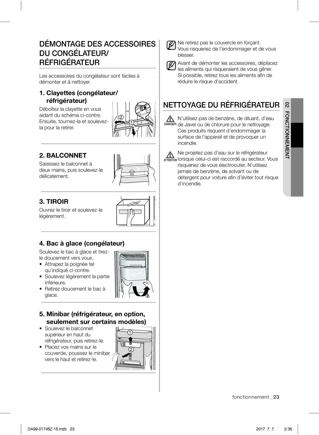 Samsung RS6A782GDSR/EG manual Nettoyage DU Réfrigérateur, Clayettes congélateur/ réfrigérateur, Bac à glace congélateur 